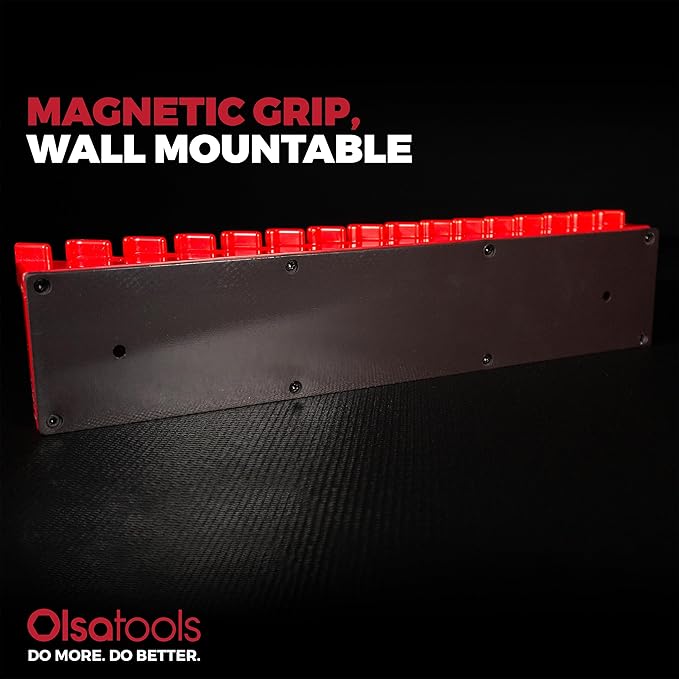 Olsa Tools Magnetic Wrench Organizer, Red - 15 Slot Wrench Holder - SAE and Metric Magnetic Wrench Rack - Rubberized Scratch Free Base - Wall or Toolbox Mountable Wrench Storage - Part: 1877