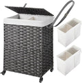 Greenstell Laundry Hamper with Wheels, No Install Needed, 90L Divided Handwoven Hampers & 2 Removable Liner Bags, Rattan Clothes Laundry Basket with Lid & Handles, Foldable Hampers Gray 18x13x26.4 In