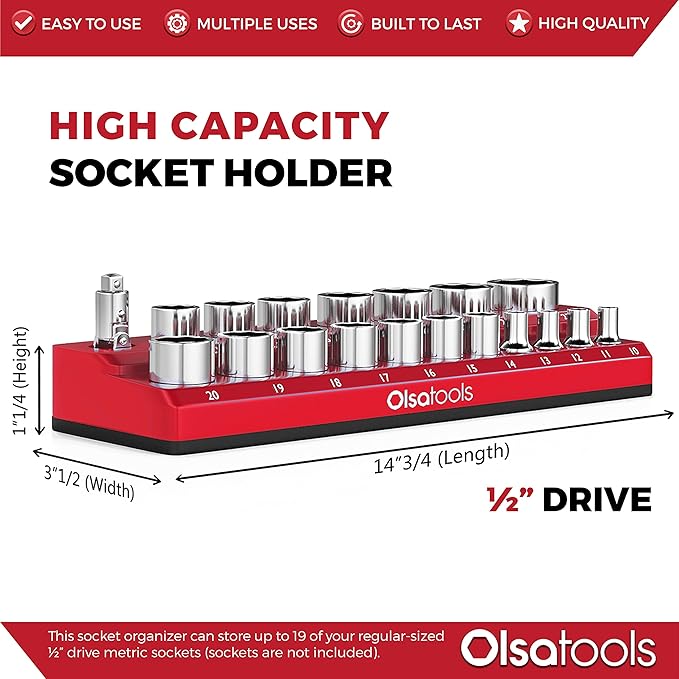 Olsa Tools Magnetic Socket Holder - 1/2-Inch Drive - Metric - Red - Holds 19 Sockets - Professional Quality Organizer - Part: 1299