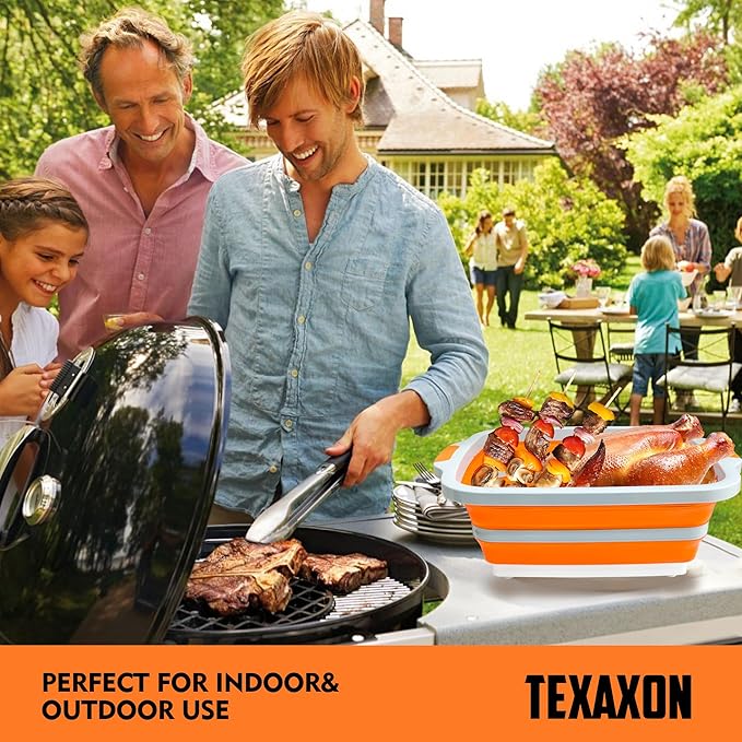 8L/16L BBQ Prep Tub with Cutting Board, Lid & Complimentary Mitts/Gloves – Collapsible Bucket for BBQ, Marinade, Picnic, Camping, Meat Prep – Orange/Black (Orange, X-Large)