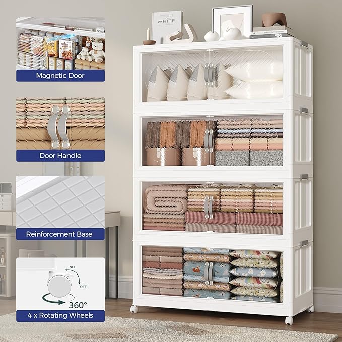 480QT Extra Large Stackable Storage Bins with Lid & Wheels & Doors, 120Gal Foldable Collapsible Closet Organizers, Plastic Cabinet Box Container Drawer for Home Kitchen Bedroom, 3Pack White