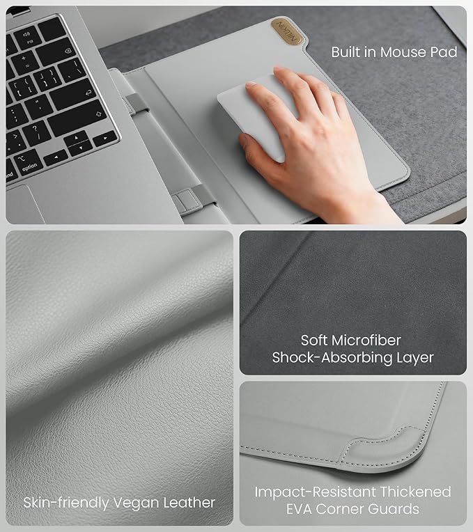 Nillkin 16 inch Laptop Sleeve with Handle (4-in-1), 2 Stand Modes, MacBook Sleeve with Adjustable Stand & Mouse Pad, Slim Laptop Case 16 inch for Samsung/Surface/HP/Chromebook/Dell 13-16'', Gray