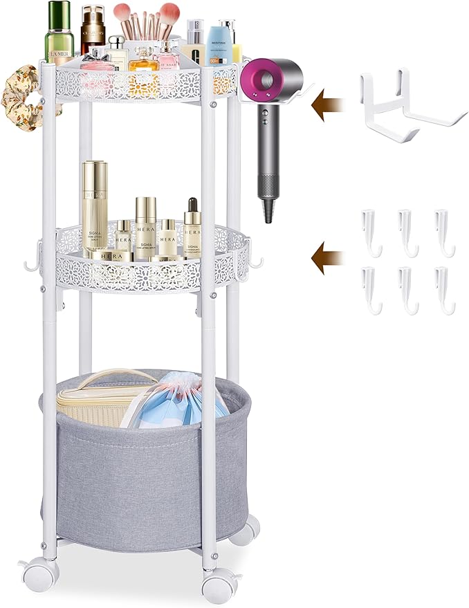 Rolling Makeup Cart Organizer with Removable Hair Dryer Holder, 3 Tier Round Floor Makeup Organizer with Wheels for Cosmetic, Perfume, Nail Polish, Small Space Bathroom Storage Cart, White