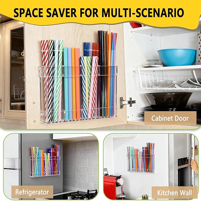 9.5" Large Acrylic Straw Holder for Cabinet Door - Reusable Tumbler Straw Organizer Storage, Small Kitchen Organizers and Storage Accessories Container, Ultra Sticky Cupboard Door Mounted