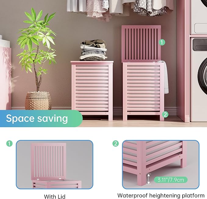 SMIBUY Double Laundry Hamper with Lid, 120L Bamboo Laundry Basket with Removable Liner Bag, 2-Section Clothes Divider Laundry Sorter for Laundry Room, Bathroom, Bedroom (Pink)