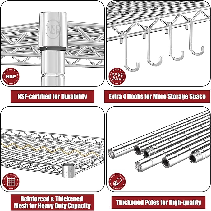 PrimeZone 5 Tier 48" Wx24''Dx81''H Wire Shelving with Wheels 3000lbs NSF Certified Storage Shelves Heavy Duty Metal Shelf Adjustable Rolling Rack Commercial Garage Restaurant Warehouse Chrome 3Pack