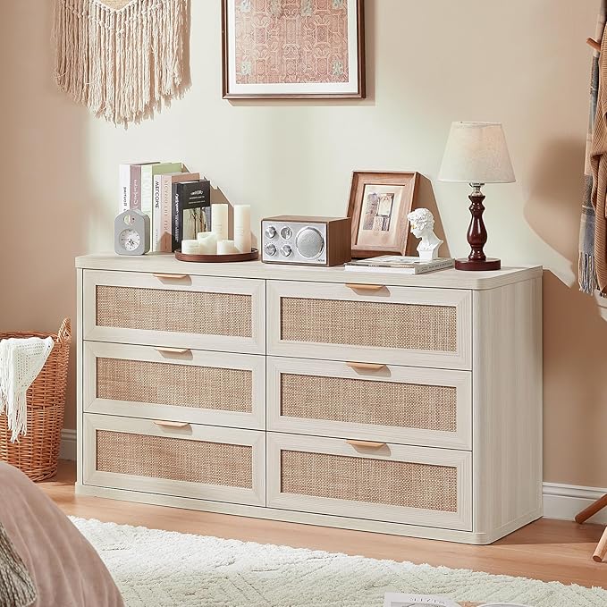 LEYAOYAO Rattan 6 Drawer Dresser for Bedroom Set of 2, Boho 54" Wide White Dresser Chest of Drawers, Dressers TV Stand with Metal Handle, Storage Dressers Closet Organizer for Living Room, Hallway