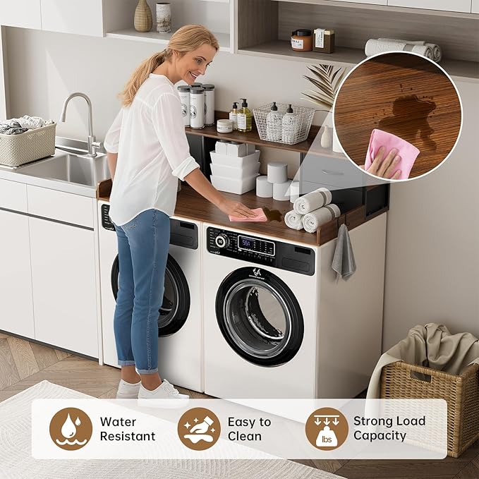 4 Drawers Washer Dryer Countertop with Shelf, 27.5" D x 54" W Laundry Topper with 3.54" High Guardrails and Non-Slip Pads,Extra Storage Organizer for Over Washer and Dryer, Holds 66 Lbs,Dark Walnut
