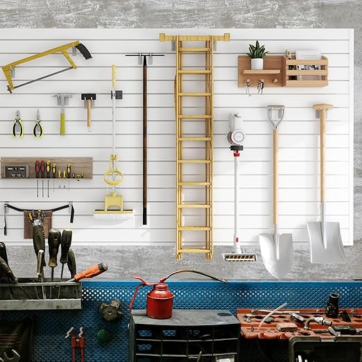 Slatwall Panel 8 FT x 4 FT, Interlocking Slat Wall Paneling, Wall Mounted PVC Wallpanel, Suitable for Garage Storage and Organizer, Slatwall Board, Shelves - White