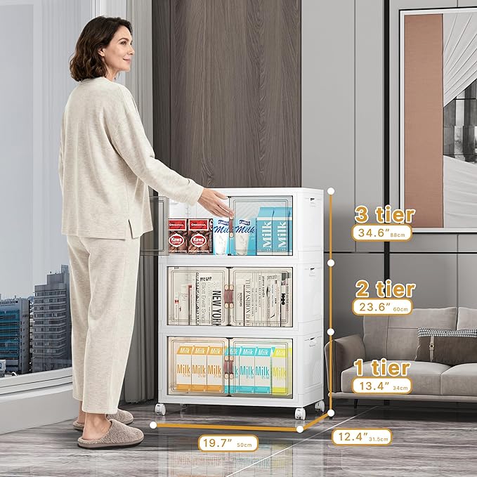 Extra Large Stackable Storage Bins with Lids & Wheels & Door, 312QT-52QT/13GAL*6Pack Foldable Collapsible Closet Organizers, Plastic containers Drawers for Bedroom Dorm