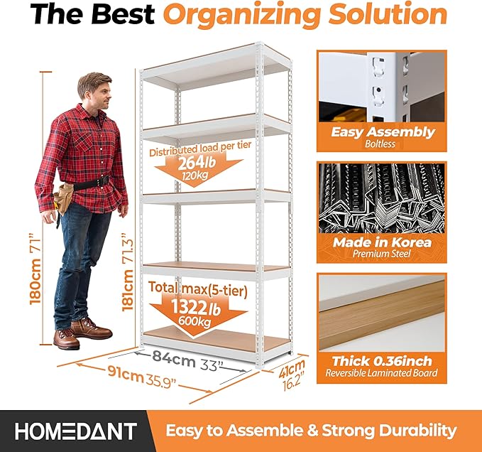 HOMEDANT 5 Tier Storage Shelves Adjustable Laminated Boltless Garage Metal Shelving Unit Heavy Duty Utility Rack Shelf Warehouse Pantry Closet Kitchen (1, (M) 35.9" W, White)