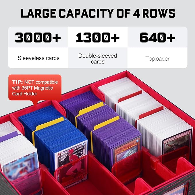 ZLCA MTG Storage Box 4-Row with Handle, MTG Deck Box Holds 3000+ Trading Cards with Portable Handle Dice Bag, Commander Storage Card Case for Top Loaders TCG PTCG Sport Card(Black&Red)