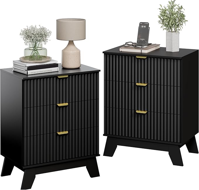Night Stand Set 2, Bedside Table & End Table, Mid Century Modern Fluted Wood Nightstand with 3 Drawers & Metal Handles, Farmhouse Nightstand for Bedroom, Black
