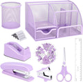 Purple Mesh Desk Organizer and Accessories, Purple Office Supplies 7 Compartments Desk Organizer with Stapler,Tape Dispenser,1000 Staples,Pen Holder,Staple Remover,Clips,Ruler,Scissors