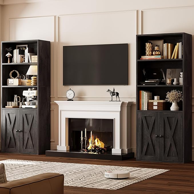 IRONCK Industrial Bookshelves and Bookcases with Doors 11.8 in Depth Set of 2 Floor Standing 5 Shelf Display Storage Shelves Bookcase Home Decor Furniture for Home, Office, Living Room, Bedroom