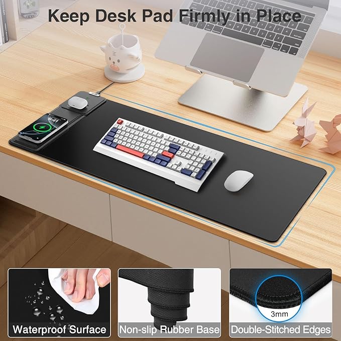 Wireless Charging Mouse Pad with Foldable Phone Holder, 31.5"x15.8" Large Desk Mat for Laptop/Keyboard, Waterproof Ultra-Smooth Surface, Non-Slip Base, Black