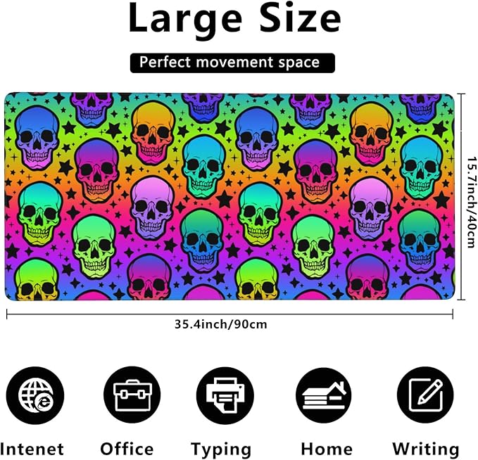 Desk Mat,Neon Skulls and Stars Extended Gaming Mouse Pad,Large Non-Slip Rubber Base Mousepad with Stitched Edges,Waterproof Mouse Mat Desk Pad for Office Game Home 35.4x15.75 in