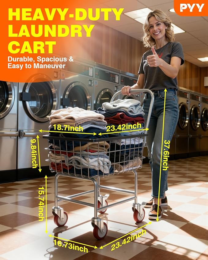 PYY Commercial Laundry Cart - 2 Bushels Heavy Duty 7/8" Welded Metal Cart, 130LBS Capacity, 5-Inch Lockable Wheels, Rubber Bumpers, Rust-Resistant Finish, Easy-Assembly Design, Silver