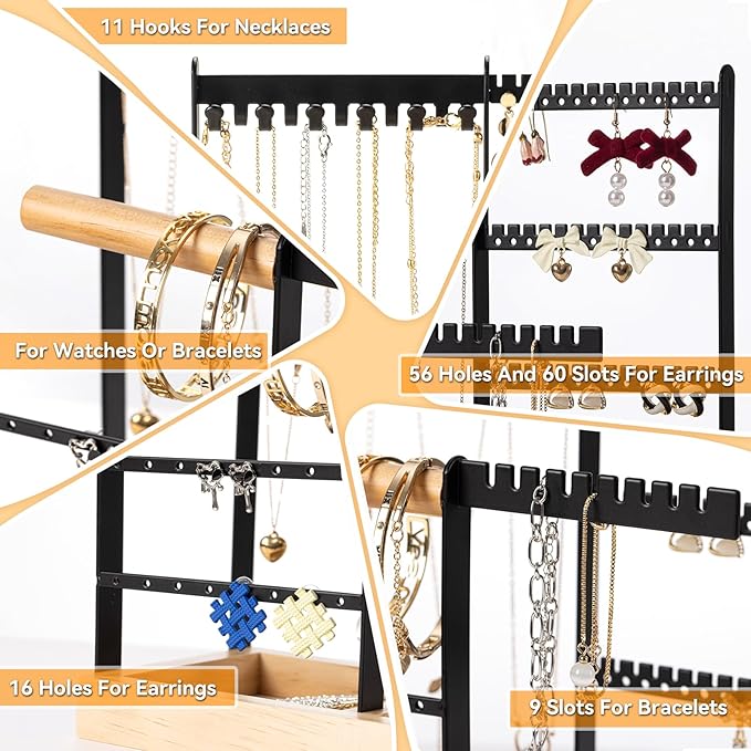 DreamGenius Jewelry Organizer Stand with Velvet Ring Holder, 4 Tier Jewelry Holder Organizer with 11 Hooks for Necklaces and 132 Holes for Earrings, Black