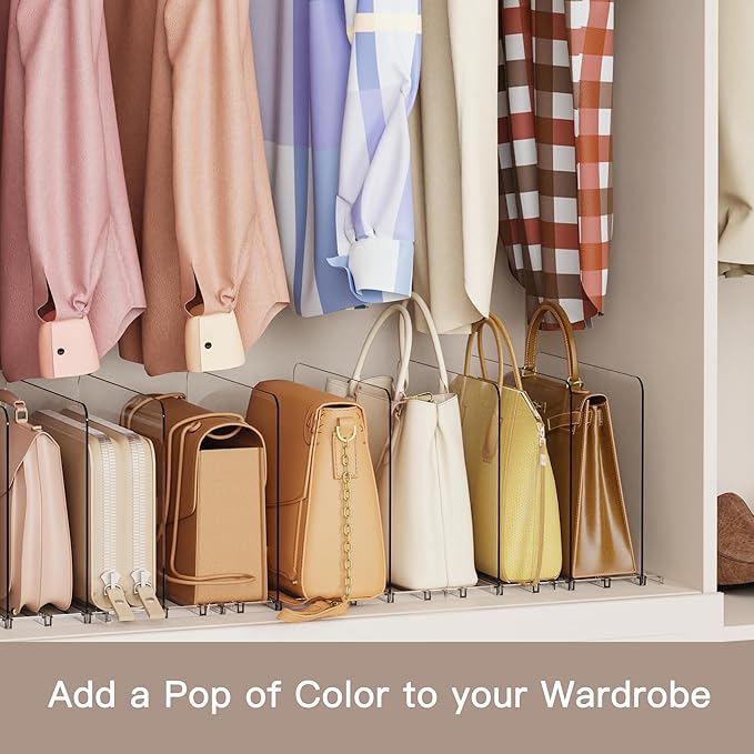 Criusia Adjustable Closet Purse Organizer Rack – 28.8" Extra-Long Shelf Divider with 12 Base Panels & 16 Dividers – Non-Slip Handbag Holder for Bags, Clothes, Kitchen, Office