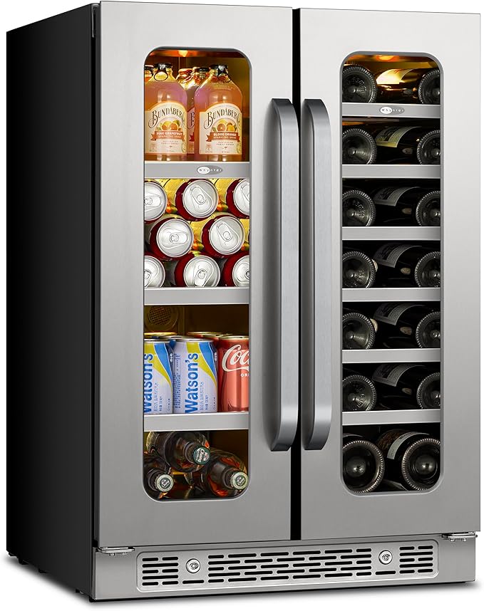 Whynter 24 Inch Dual Zone Wine and Beverage Refrigerator 20 Bottles 60 Cans Wine Fridge with Glass Door Wine Cooler Built-in Under Counter French Door 3 LED for Home Bar Luxury Series(4.1 cu.ft)