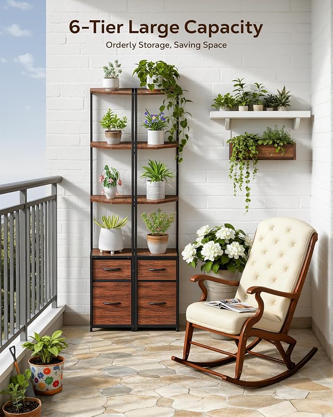 Housolution Corner Shelf Stand with Storage, 63.8'' Tall 6-Tier Corner Bookshelf Includes 2 Fabric Drawers, Freestanding Corners Storage Shelf for Living Room Bedroom Kitchen Bathroom (Black + Brown)