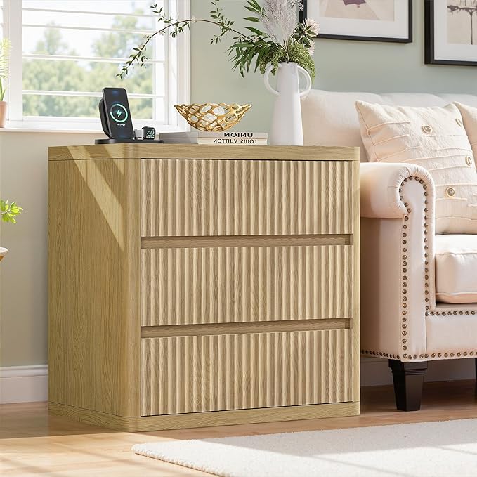 Fluted Nightstand with 3 Drawers, Wood Night Stand with Storage， 25" Wide Bedside Table, Modern Side Table for Bedroom, End Table for Living Room, Handleless Design, Curved Profile, Natural Oak 1PC