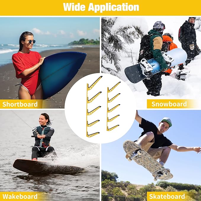 5 Board Surf Rack Wall Mount for Surfboard, Wakeboard, Snowboard Storage Adjustable Wall Hangers Boards Display, Yellow