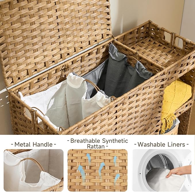 Laundry Hamper with Wheels, 42.3 Gal.(160 L) Laundry Sorter with Shelves, Rattan Clothes Hamper with 4 Removable Liners & 3 Mesh Bags, Handwoven Organizer for bedroom, bathroom, laundry room, Natural