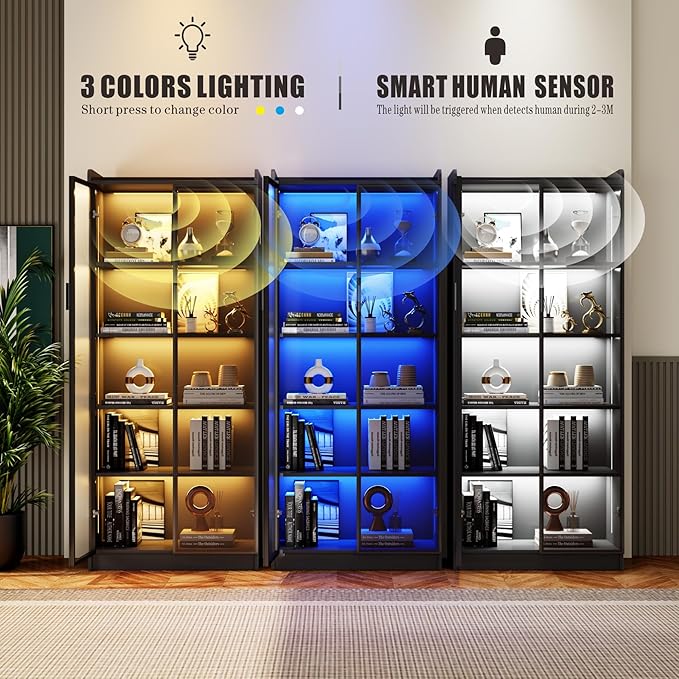 Display Cabinet with Adjustable Shelves, 65" Tall Bookcase with LED Lights/Human Sensor, 5 Tier Display Case for Collectibles Bedroom Living Room Office, Black - Transparent Acrylic Doors