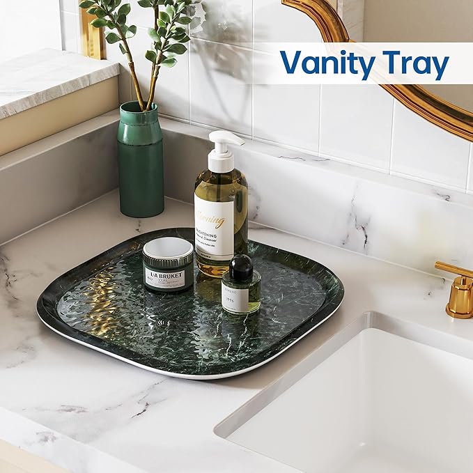 Vanity Decorative Tray, 12" x 12" Green Marble Pattern Perfume Tray, Bathroom Tray Countertop Organizer for Soap Towel, Jewelry, Candle