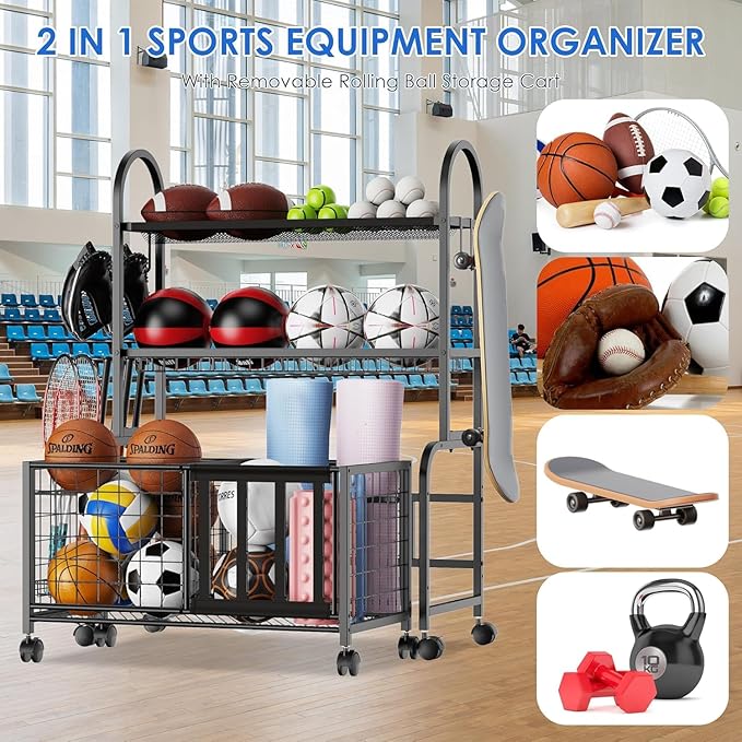 Garage Ball Storage, 2 in 1 Sports Equipment Organizer, Garage Organizer with Basket and Hooks, Individually Movable Rolling Sports Ball Organizer Cart, Black