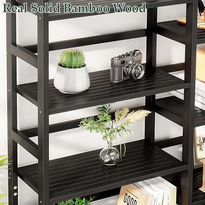 Homykic Bamboo Triple Wide Bookshelves and Bookcases, 6-Tier Shallow Open Bookcase with 17 Display Shelves, 6ft Super Large Freestanding Book Shelf for Home Office, Bedroom, Living Room, Dark Black