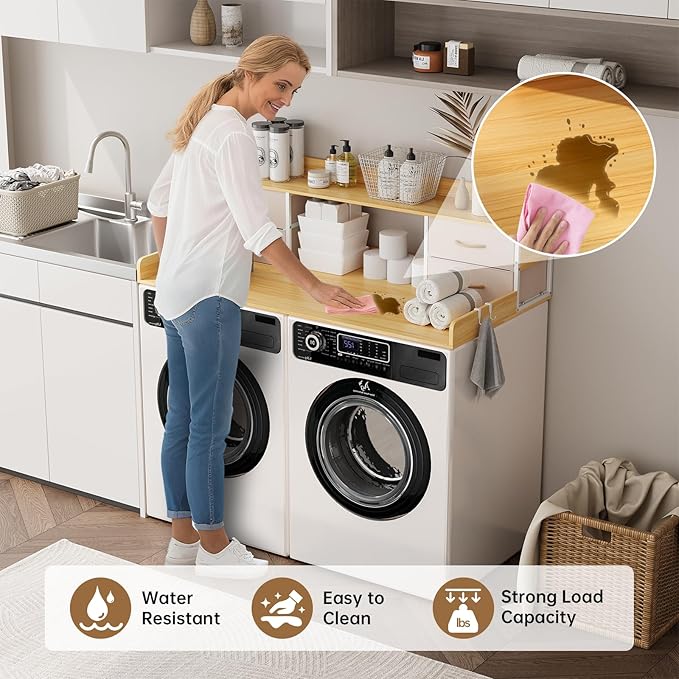 4 Drawers Washer Dryer Countertop with Shelf, 27.5" D x 54" W Laundry Topper with 3.54" High Guardrails and Non-Slip Pads,Extra Storage Organizer for Over Washer and Dryer, Holds 66 Lbs,Light Oak
