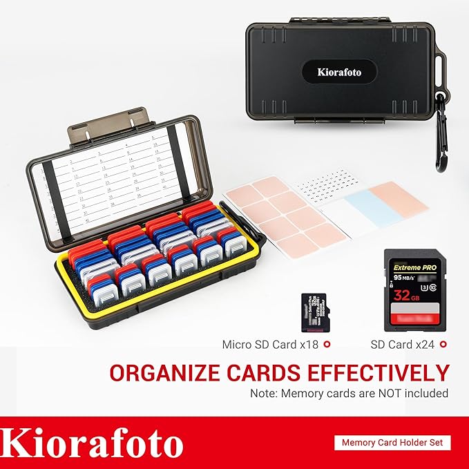 Dual Protect Memory Card Case with 42 PCS Clear Memory Card Holders for 24 SD SDXC SDHC & 18 TF MSD Cards, Water-Resistant Anti-Shock MicroSD SD Card Storage Carrying Organizer Protector with Labels