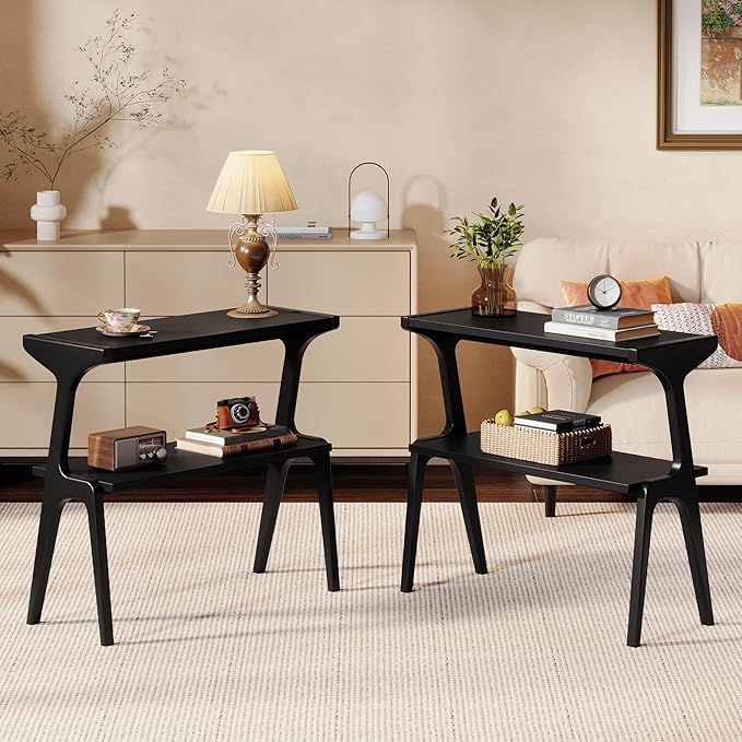 Set of 2 Solid Wood End Table, 2-Tier Side Table with Storage Shelf, Wooden Modern Accent Slim Bedside Table for Sofa, Living Room, Bedroom, Small Space, Easy Assembly, Black