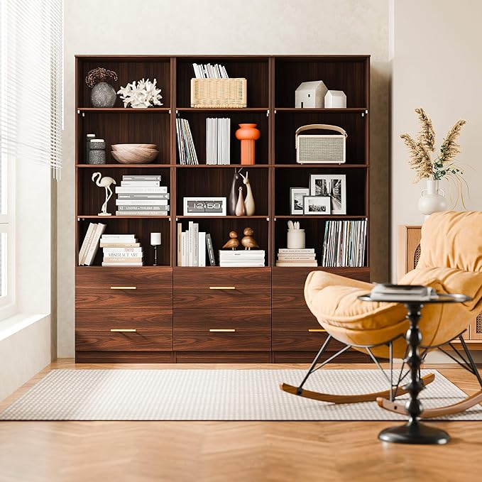 Cozy Castle 74.1'' Bookshelf,Tall Bookcase with Drawers, 4-Tier Open Bookshelf with Adjustable Storage Shelves,23.6 Inches Wide Floor Standing Bookcase for Home Office,Bedroom,Living Room,Brown