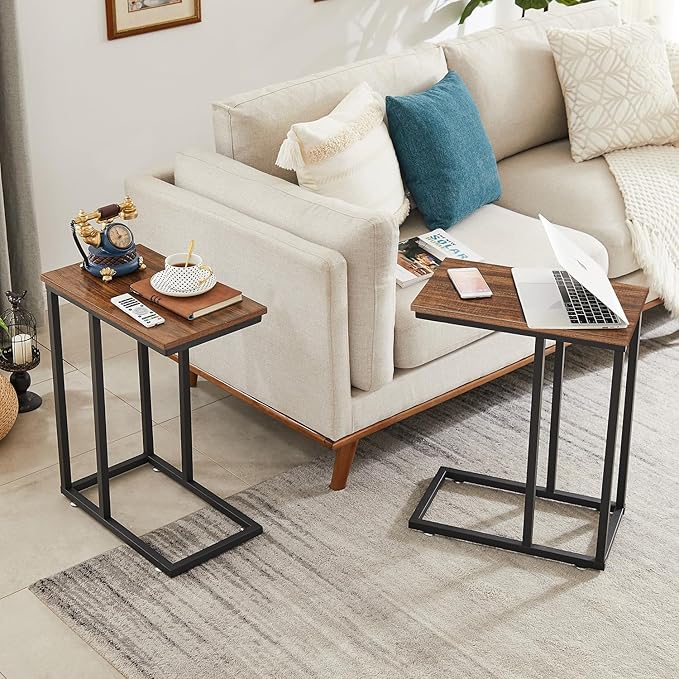 VECELO C Shaped End Side Table for Sofa Couch and Bed Snack TV Tray for Living Room Bedroom, 2 PCS, Brown
