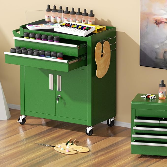 Greenvelly Tool Chest, 8-Drawer Rolling Tool Chest with Hooks and Lockable Wheels,Metal Storage Detachable Top Tool Box with Lockable Wheels for Garage,Workshop,Art Studio(Green)