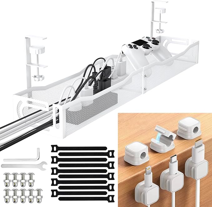 No Drill Under Desk Cable Management Tray, SONATURE 25.3" Cord Organizer for Table, Clamp Mount Desk Cable Management, Premium Carbon Steel Cable Organizer for Office, Home (White)