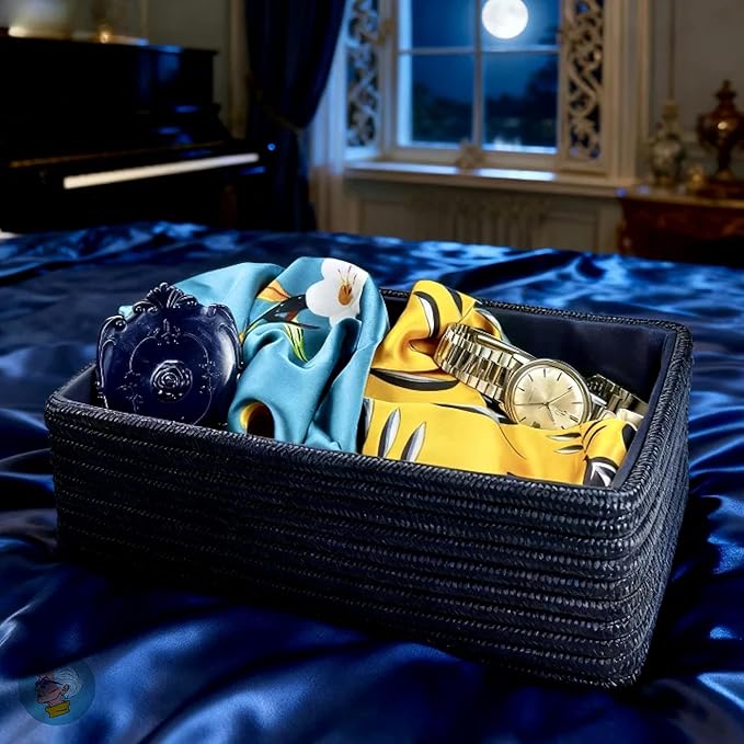 MODERN GRANNY Fashion Decor Vanity Box, Stackable Boxes Decoratives with lined Interior, Storage Baskets Set of 4, Office Boho Baskets Shelf Box for Organizing (NOCTURNE ONYX)