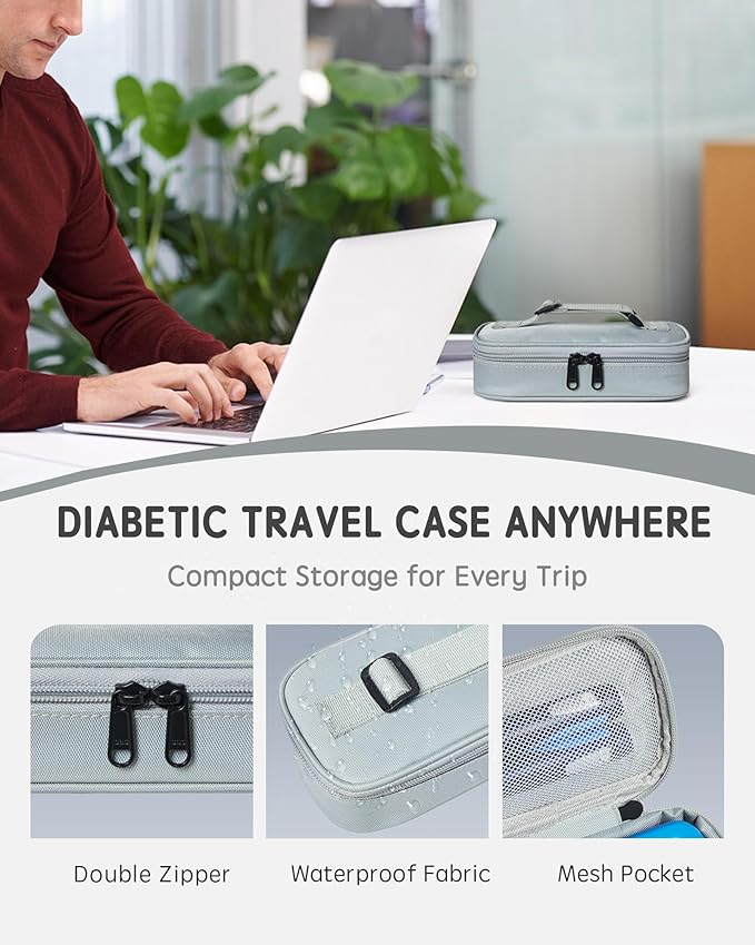 Insulin Vial Cooler Travel Case TSA Approved 300g Reusable Ice Brick Insulin Pen Case Holds 2 Pens and 2 Vials Long Lasting Medicine Cooler for Travel Camping and Outdoor Activities (Gray)
