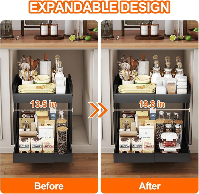 Golener 2-Tier Expandable Pull Out Cabinet Organizer - Pull-Out Drawers for Kitchen Cabinets, 2 Slide Home Storage Organizers, Slide Out Shelves for Base Cabinet Organization in Kitchen, Black Metal