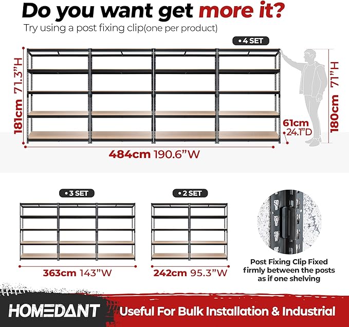 HOMEDANT 5 Tier Storage Shelves Adjustable Laminated Boltless Garage Metal Shelving Unit Heavy Duty Utility Rack Shelf Warehouse Pantry Closet Kitchen (4, (XL Deep) 48.1" W, Black)