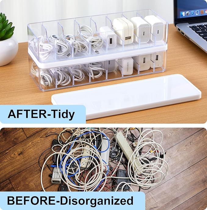 Tatuo 4 Pcs Cable Organizer Box with Wire Ties, Plastic Cord Storage Box with Lid, Electronics Organizer for Home Office Desk Organizers and Accessories (Clear,White)