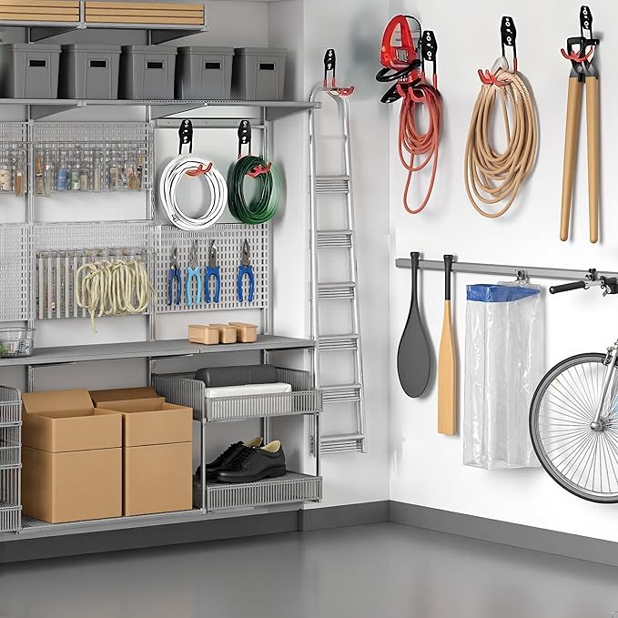 16 Pack Steel Wall Mount Garage Storage Hooks Heavy Duty | Anti-Slip Coating | Bikes | Storage Organizer | Ropes | Hose | Garden Tools