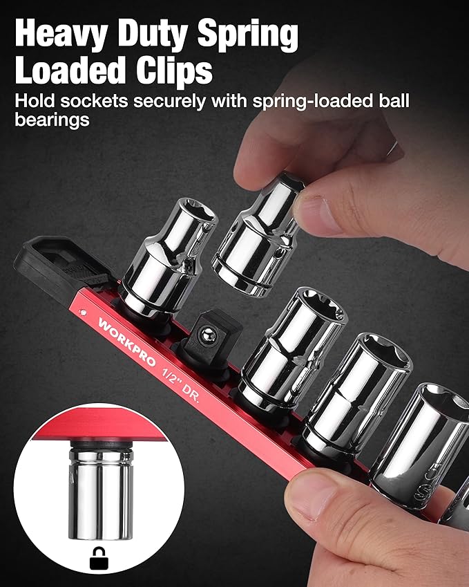WORKPRO Magnetic Socket Organizer, 1/2" Drive Aluminum Alloy Socket Holder, Heavy Duty Socket Rail with 10 PC Removable Socket Clips, Socket Organizer Tray for Tool Box Drawer (Sockets Not Included)