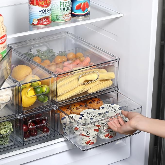 Fridge Drawer Pull Out Stackable Bins, Clear Refrigerator Stackable Organizers, Fridge Organizer Storage for Kitchen, Pantry, Vegetables, Fruits (2 Small)