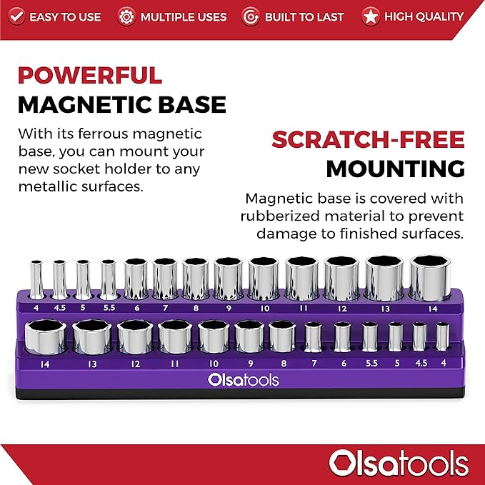 Olsa Tools Magnetic Socket Holder | 1/4-inch Drive | Metric | Purple | Holds 26 Sockets | Professional Quality Tools Organizer