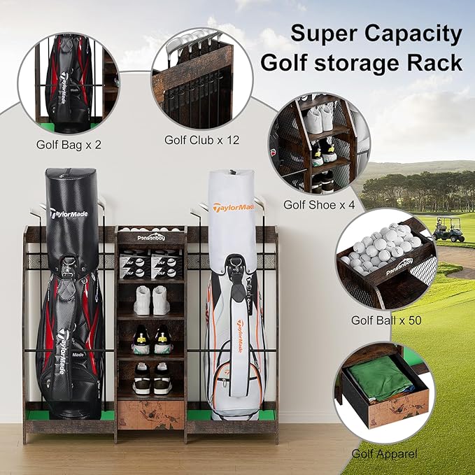 Golf Bag Storage Organizer for Garage, Premium Wooden 2 Golf Bags Rack with Drawer, Easy Assemble Golf Club Stand/Holder Suitable for Garage Home Simulator and Office